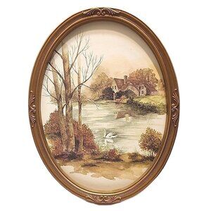 Vintage Homco Oval Watercolor Print F. Nassa 13" X 17" Cottage Pond 1983